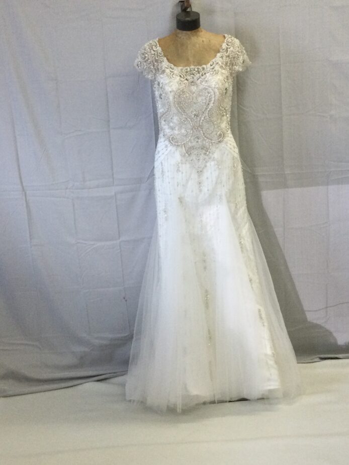 Casablanca White Princess Gown w Crystals Cap Sleeves Size 14