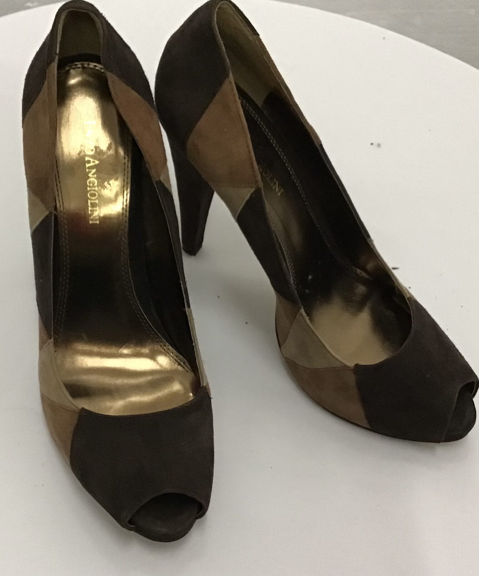 Enzo Angiolini Women Multi Color Brown Patchy Peep Toe Pumps Sip On Size 9, 4" Heel
