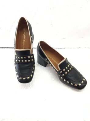 Tory Burch Black Square Toe w Circle/Square Hardware, Block Heel Size 9.5