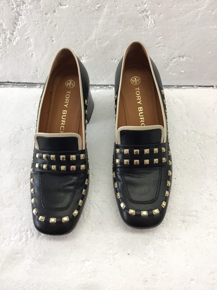 Tory Burch Black Square Toe w Circle/Square Hardware, Block Heel Size 9.5 - Image 2