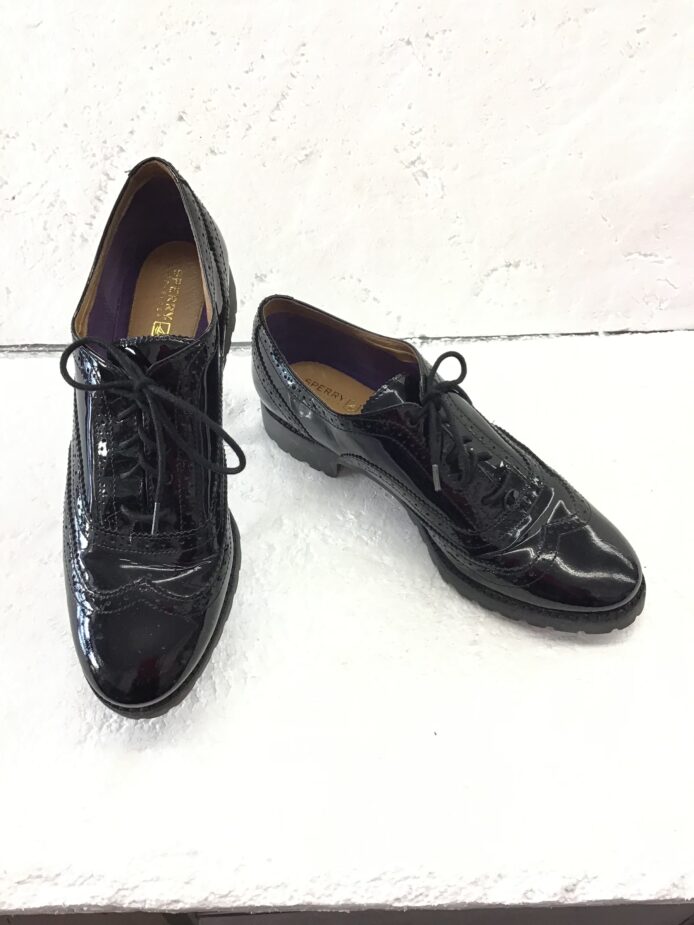 Sperry Top Spider Women Black Patent Leather Lace Up Loafers W Wingtip Size 10