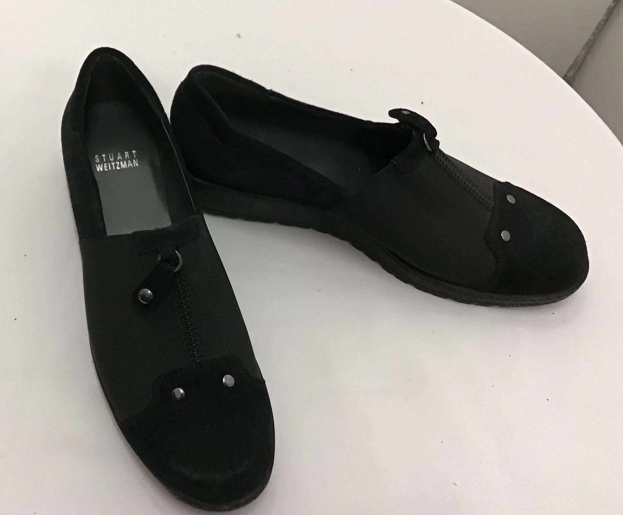 Stuart Weiztman Women Black Suede w Canvas Slip on Comfort Shoe w Zipper Size 9