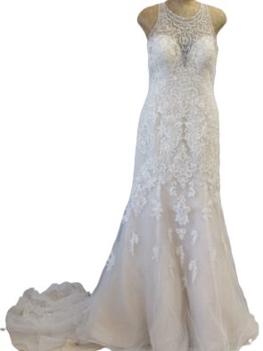 Stella York Ivory Lace Tulle Ivory Champagneagne Porcelain Beaded Gown Size 14 - Needs a new set of buttons on back