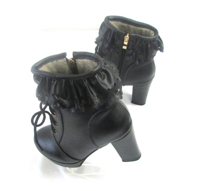 Unbranded Black Platform Faux Leather Ankle Boots w Ruffle Top, Lace Up, Side Zipper Size 37 - Image 3