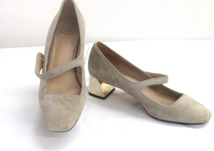 Tory Burch Mary Jane Heels, Taupe Genuine Suede, 2" gold heel, Square Toe Size 8.5