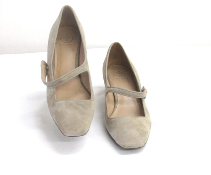 Tory Burch Mary Jane Heels, Taupe Genuine Suede, 2" gold heel, Square Toe Size 8.5 - Image 2