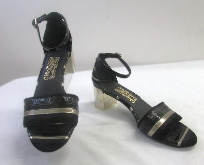 Salvatore Ferragamo Women's Black Gold Open Toe Heels Size 7.5