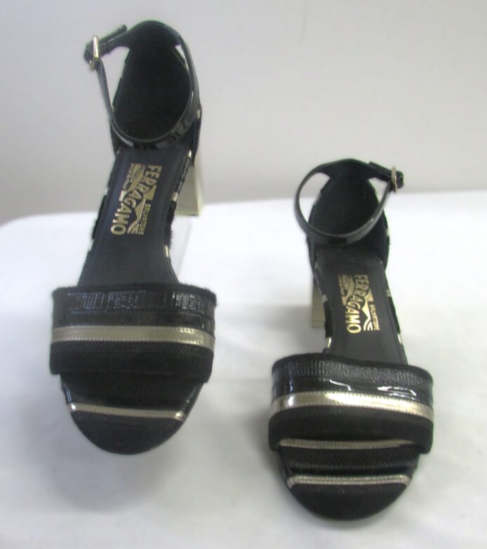 Salvatore Ferragamo Women's Black Gold Open Toe Heels Size 7.5 - Image 2
