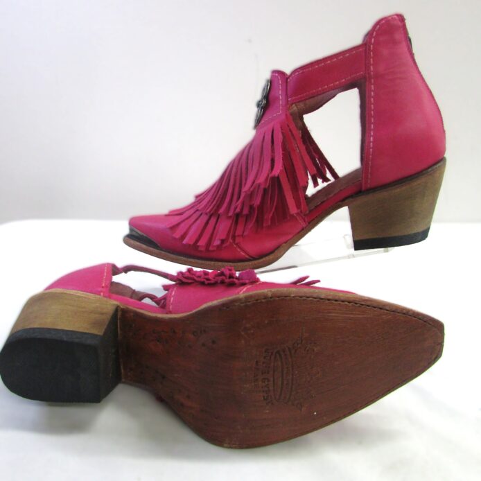 June Gypsy by Lane Boots, Pink Leather Cowboy Ankle Boots w Fringe Size 9 - Image 8