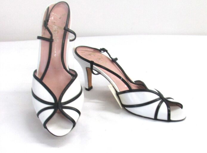 Amalfi Women Vintage Shoes Exclusively for Nordstrom, White/Black Peeptoe, Slingback Heels Size 8.5