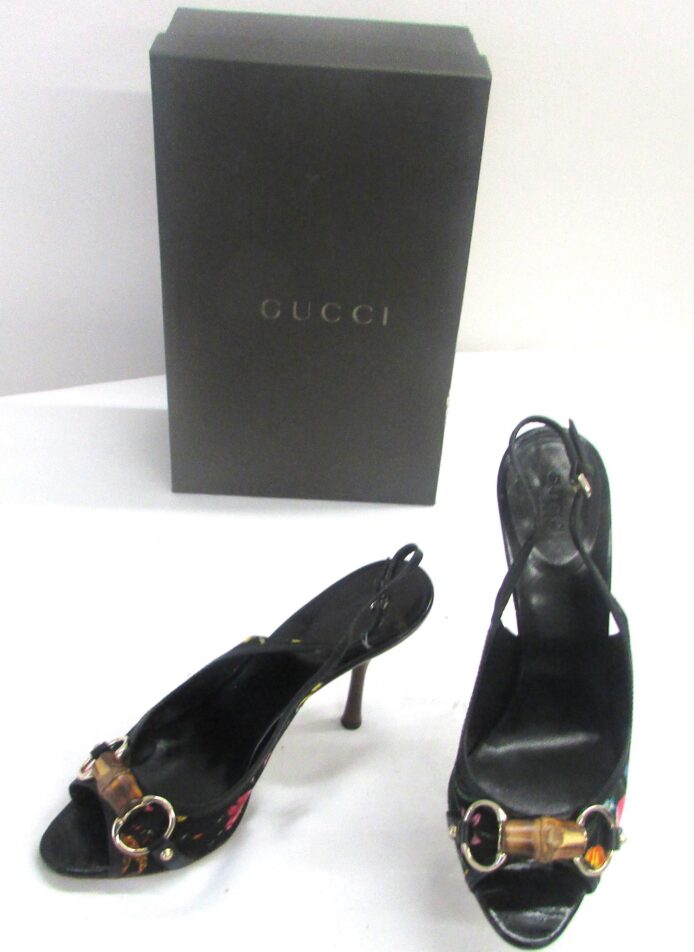 Gucci Black w Floral Design Mule Sandals with Backstrap and Bamboo Horsebit Size 8