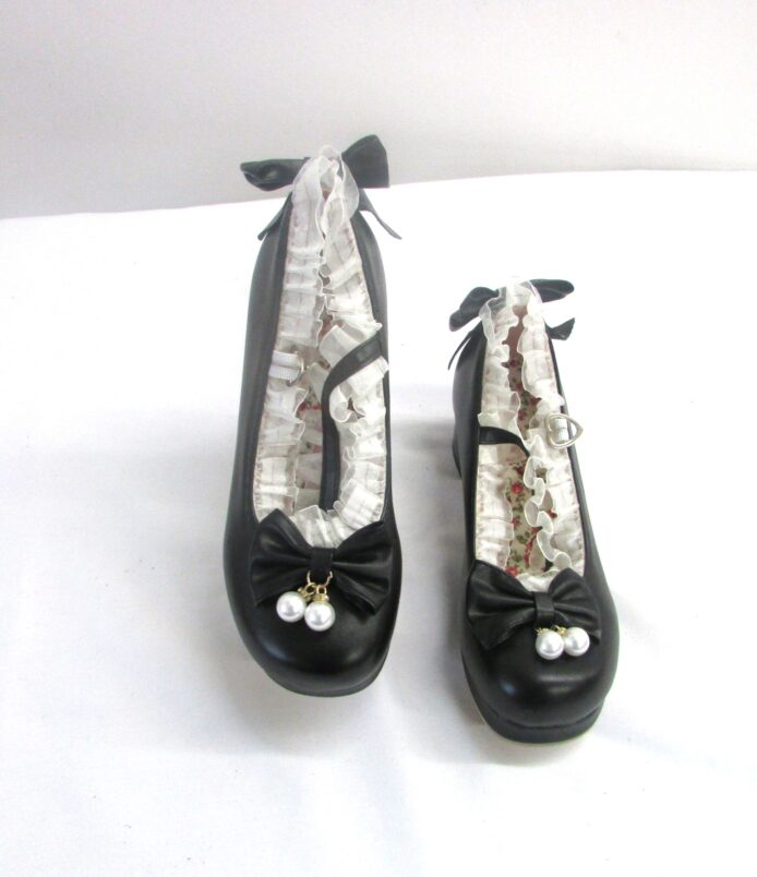 Unbranded Black Baby Doll Shoes w Bow, Ruffles and 1 Buckle Strap, Pearl Accent on Toe Size 37 - Image 2