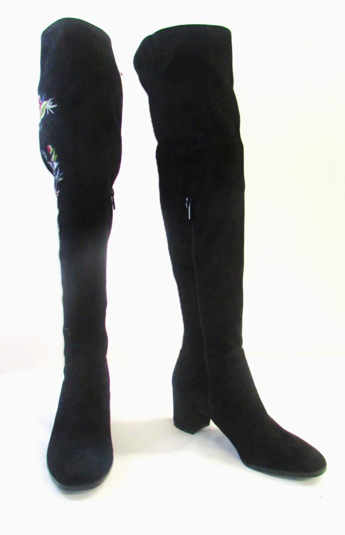 Impo Stretch Women's Black Faux Suede Knee High Fashion Boots w Floral Embroidery Size 9
