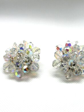 Vintage Aurora Borealis Crystal Beaded Flower Shape Clip On Earrings