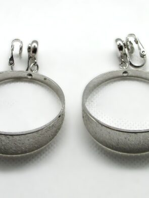 Vintage Signed Trifari Brushed Silver Tone Dangle Hoop Clip On Earrings
