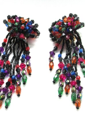 Vintage Multicolor Beaded Dangle Drop Comfort Clip On Earrings