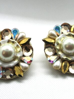 1980's Faux Pearl and Gemstone Floral Clip On Earrings