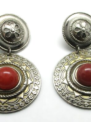 Vintage Sterling Silver and Rust Cabochon Dangle Drop Pierced Earrings