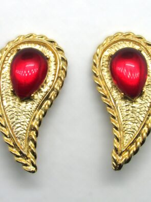 Vintage Stamped Patent#: 2733491 Gold Tone Paisley Shape Earrings w/Red Cabochon