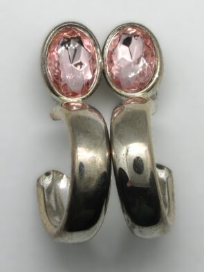 Vintage Silver Tone Half Hoop Clip On Earrings, w/Oval Pink Gemstone