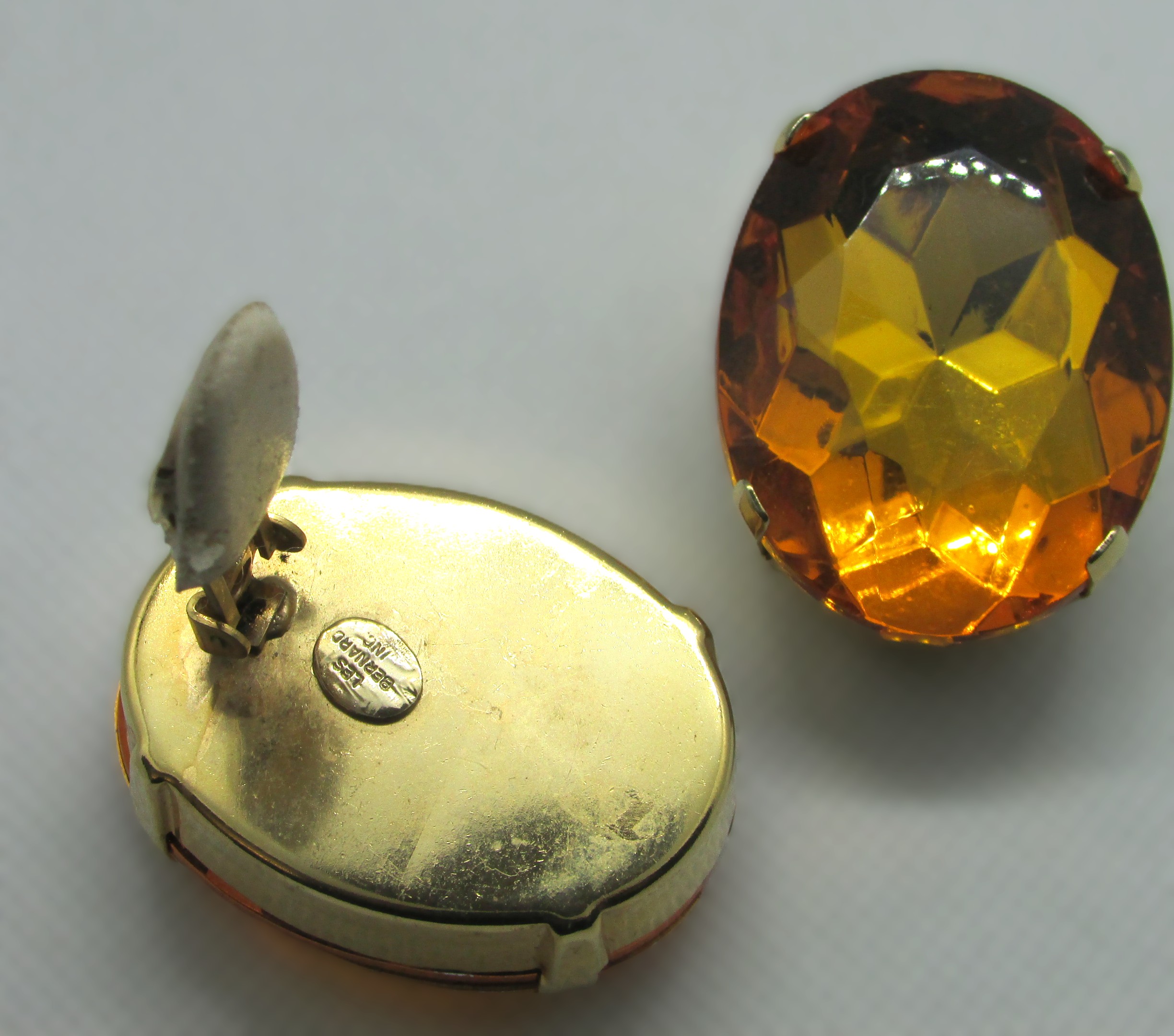 Vintage Signed Les Bernard, Inc. Topaz & Gold Tone Cushion Clip-On Earrings - Image 2