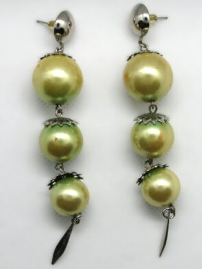 Vintage Statement Pierced Earrings: (3) Genuine Light Green Pearls/Silver Tone Drop