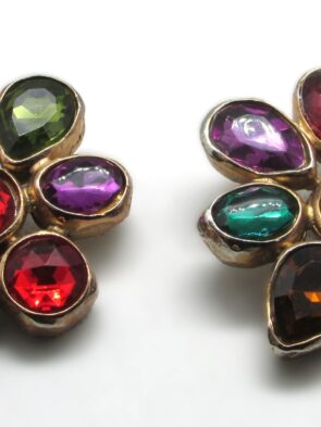 Vintage Signed RJ Graziano Floral Shape Multicolor Gemstone Clip On Earrings