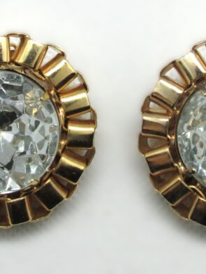 Vintage Gold w Large Beveled Center Stone Clip On Earrings