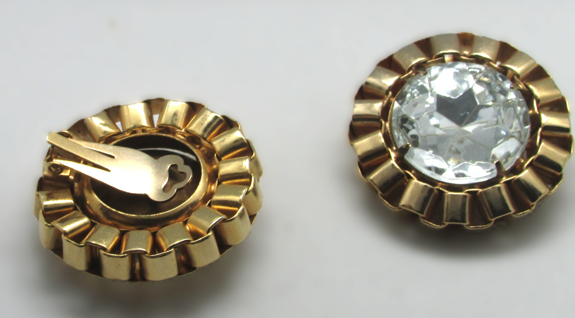 Vintage Gold w Large Beveled Center Stone Clip On Earrings - Image 2
