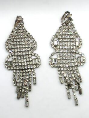 Elegant Vintage All Rhinestone Long Dangle Drop Spring Back Clip On Earrings