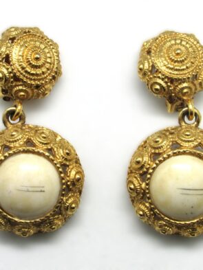Graziano Vintage Gold w Ivory Dangling Clip On Earrings