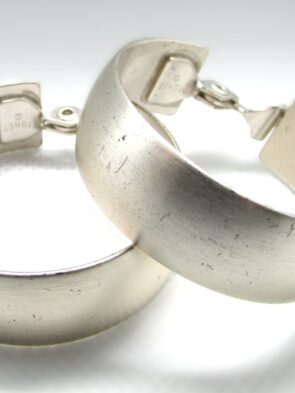 Vintage Signed Monet Brush Silver Tone Steel Hinged-Back Hoop Earrings