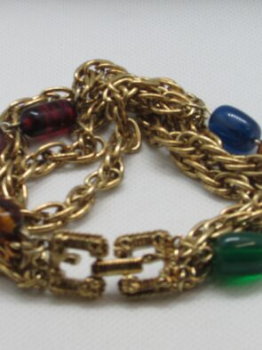 Vintage 4 Strand Gold Tone Bracelet w Multi Color Beads