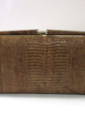 Vintage Brown Handbag Clamshell Purse w Alligator/Lizard Leather