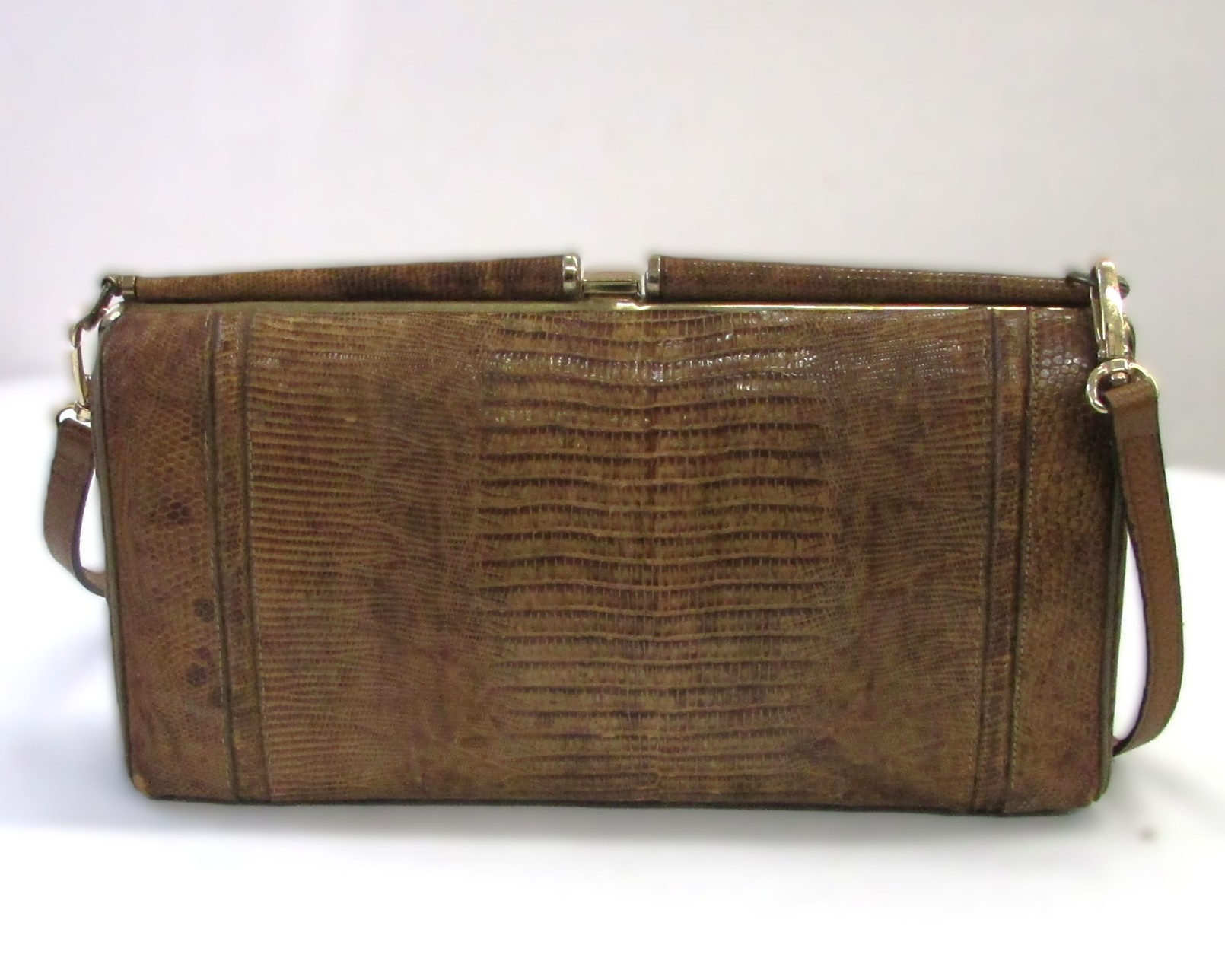 Vintage Brown Handbag Clamshell Purse w Alligator/Lizard Leather