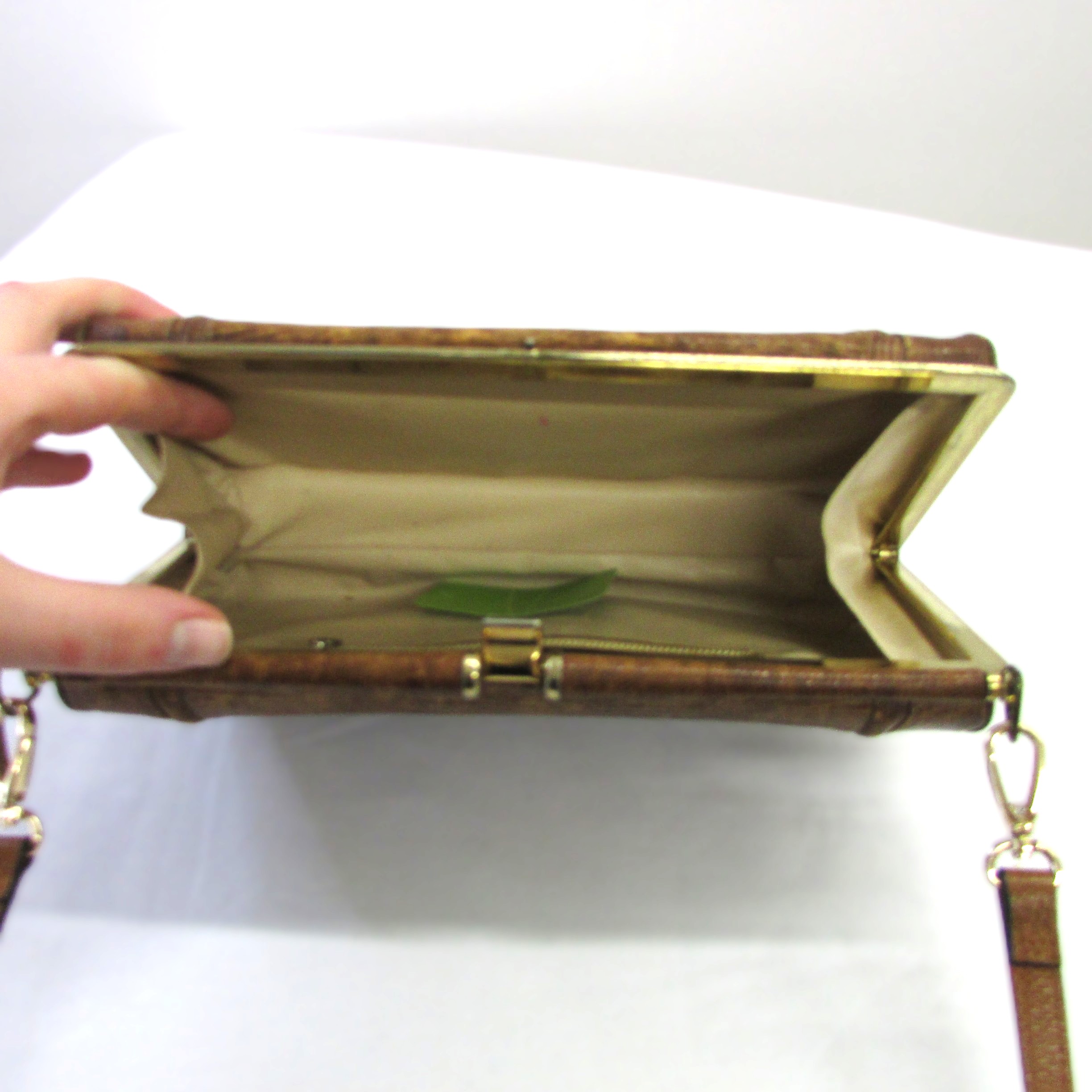 Vintage Brown Handbag Clamshell Purse w Alligator/Lizard Leather - Image 2