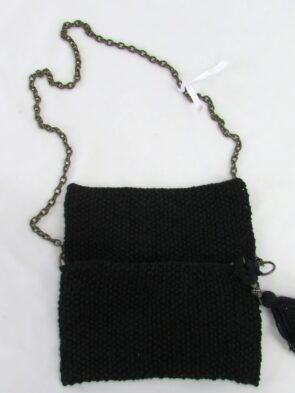 Vintage Black Hand Crocheted Purse w Bronze Chain Strap