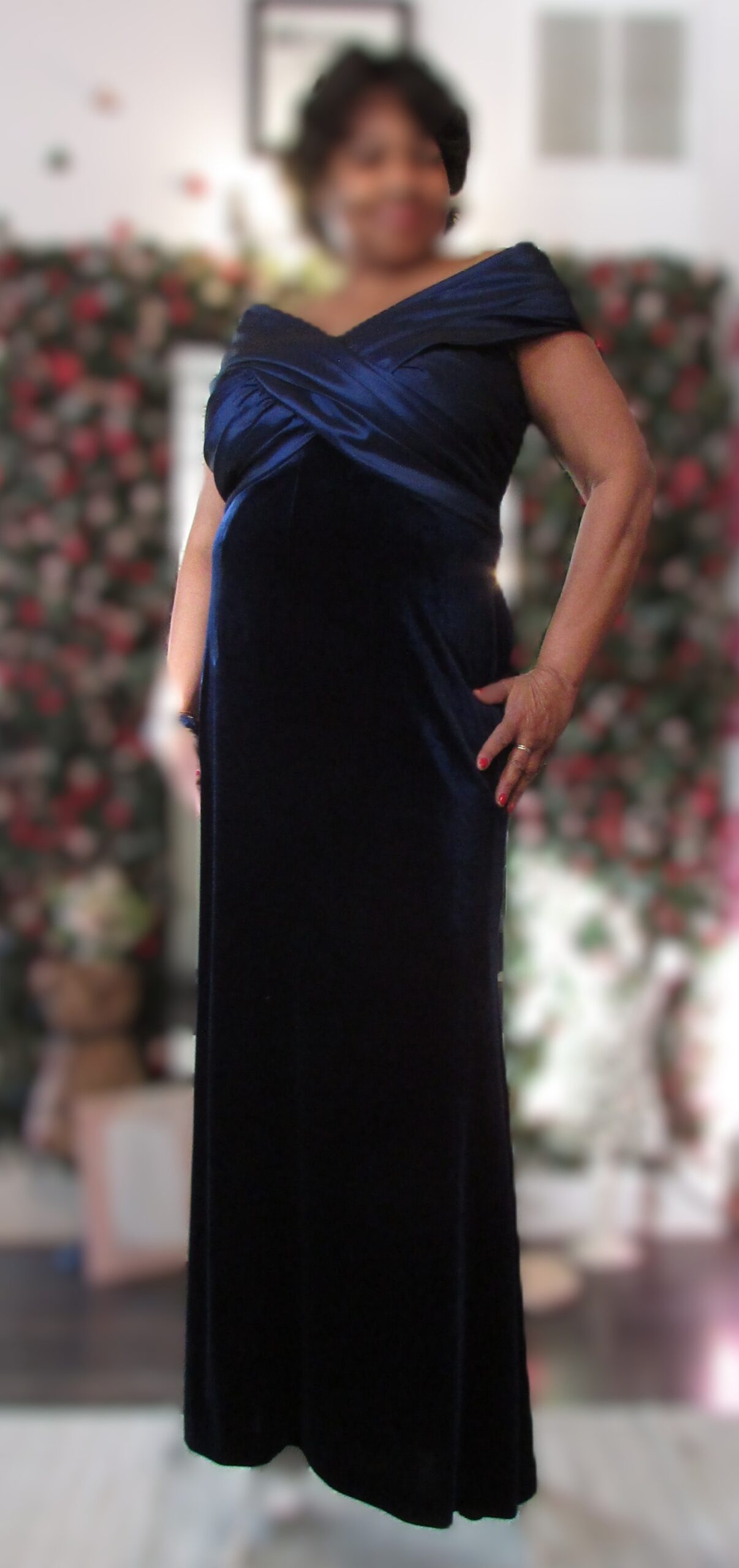 Tadashi Shoji Navy Off the Shoulder Velvet Gown Size L - Image 4