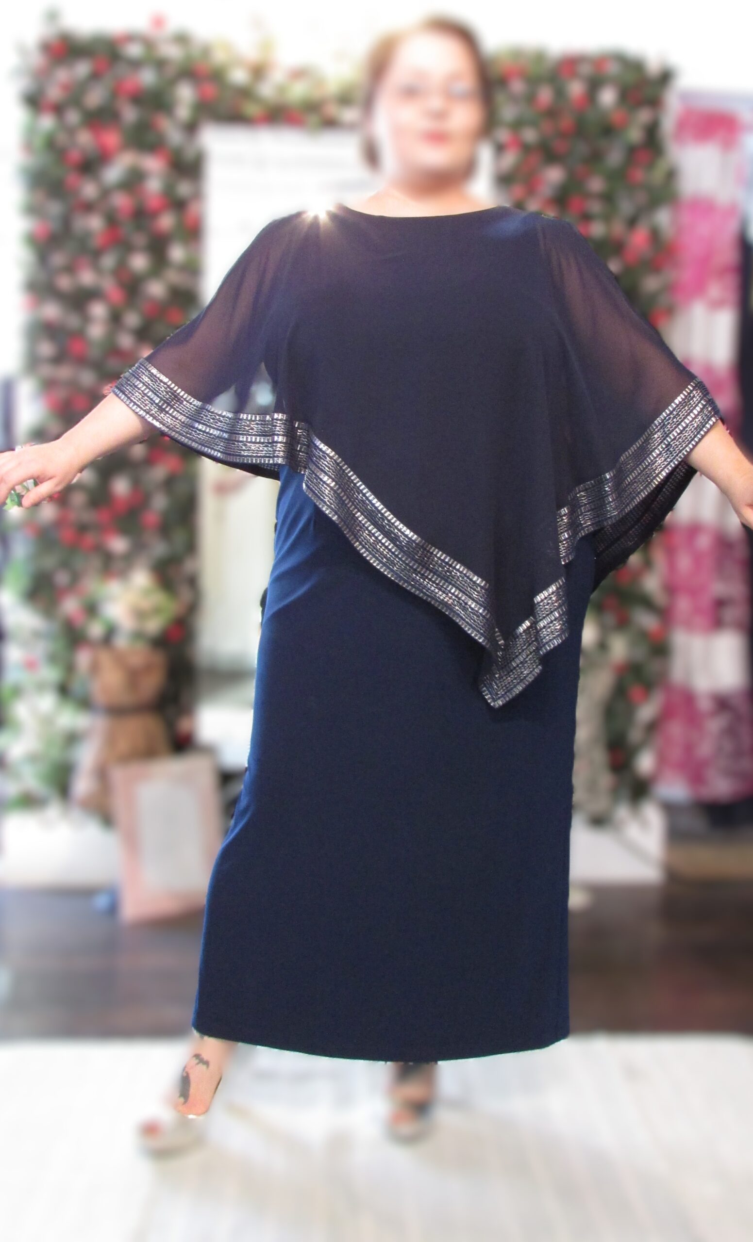 SLNY S L Fashions New York Navy Gown w Cape Top Silver Accent Size 14W - Image 5