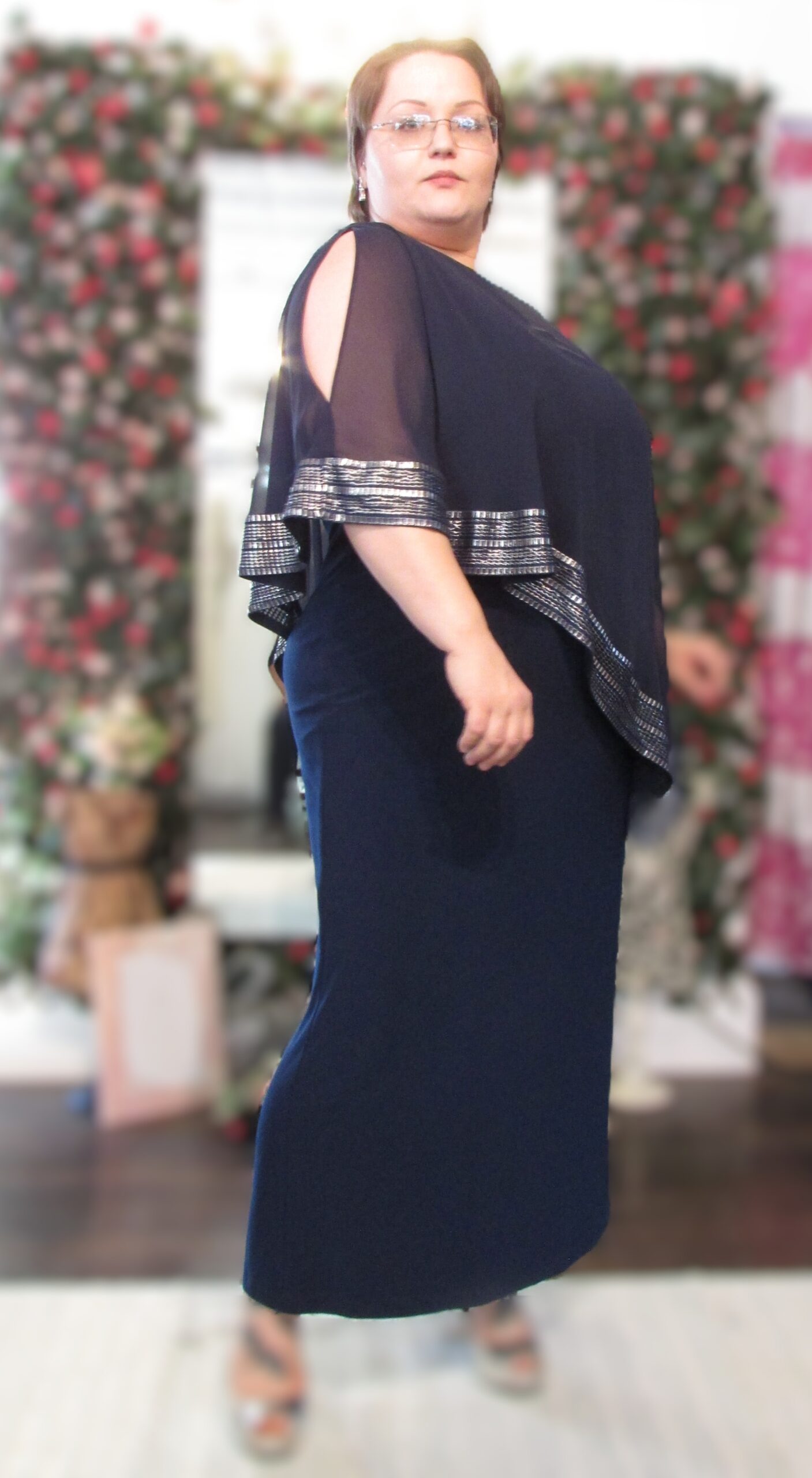 SLNY S L Fashions New York Navy Gown w Cape Top Silver Accent Size 14W - Image 4