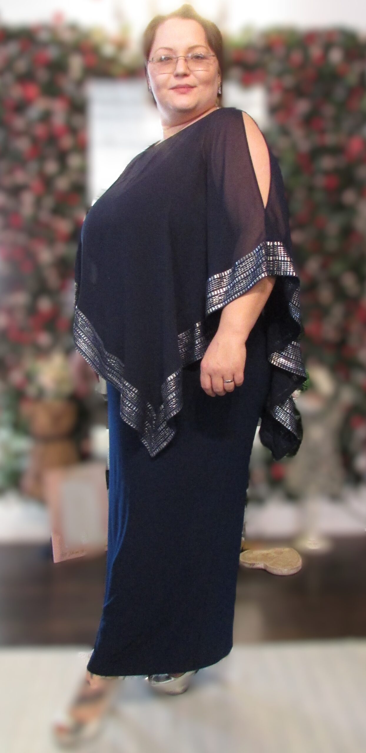 SLNY S L Fashions New York Navy Gown w Cape Top Silver Accent Size 14W - Image 3