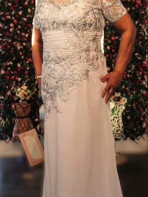 Cameron Blake Silver Floral Beaded Gown Size 14