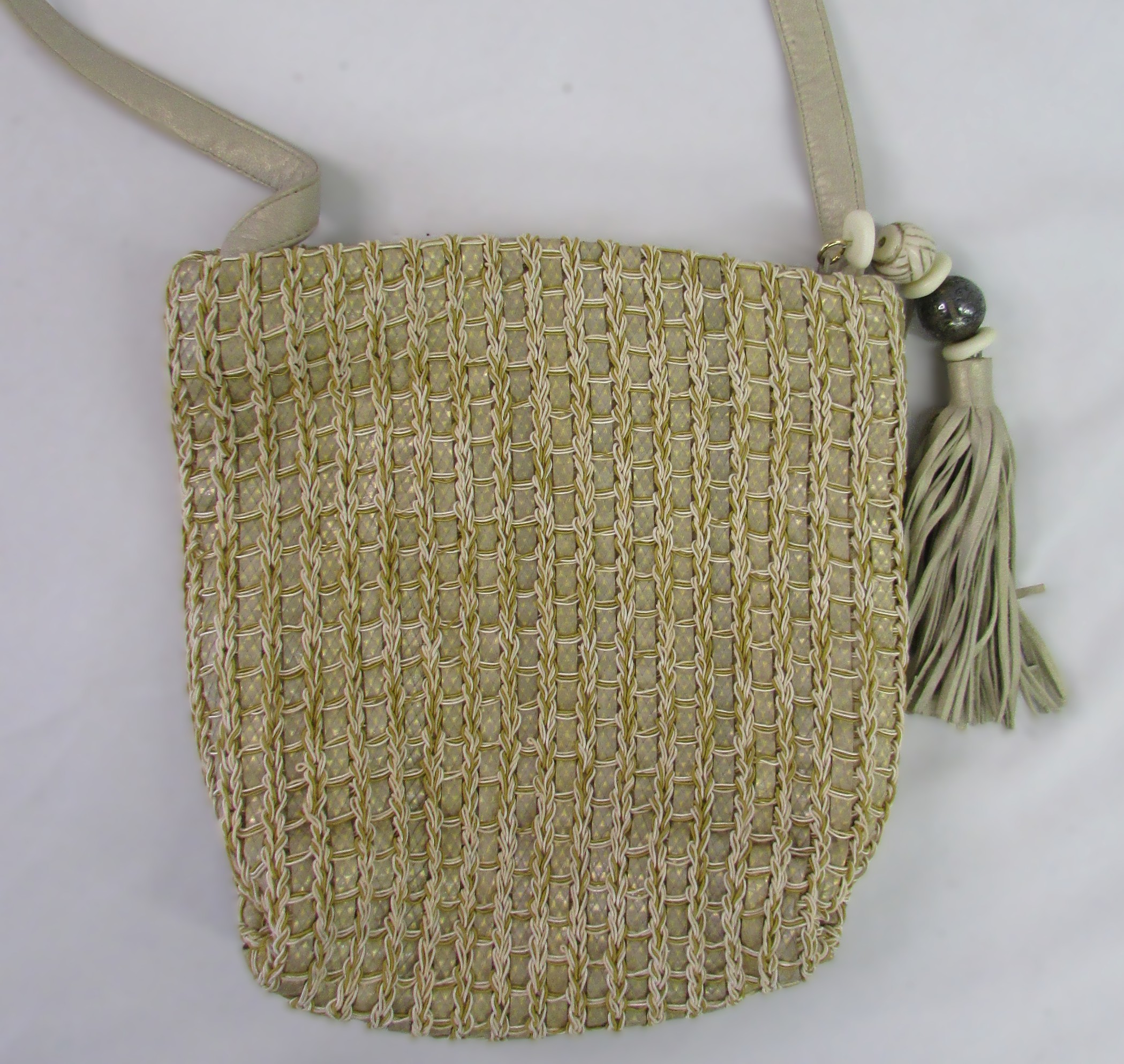 Sharif Vintage Crocheted Crossbody Bag with Tassle and Leather Strap