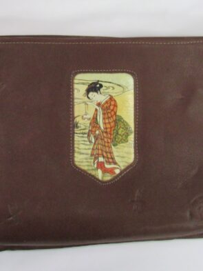 Vintage Japone' Japanesse Art Brown Embossed Leather Crossbody Bag