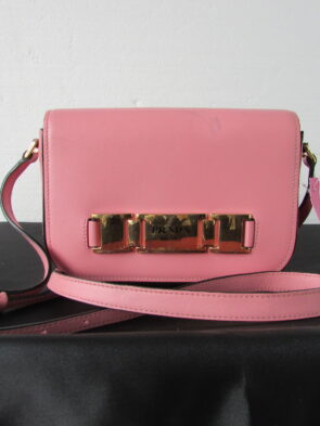 Prada Women Genuine Pink Leather, City Calf Pink Crossbody Bag Purse, w Gold