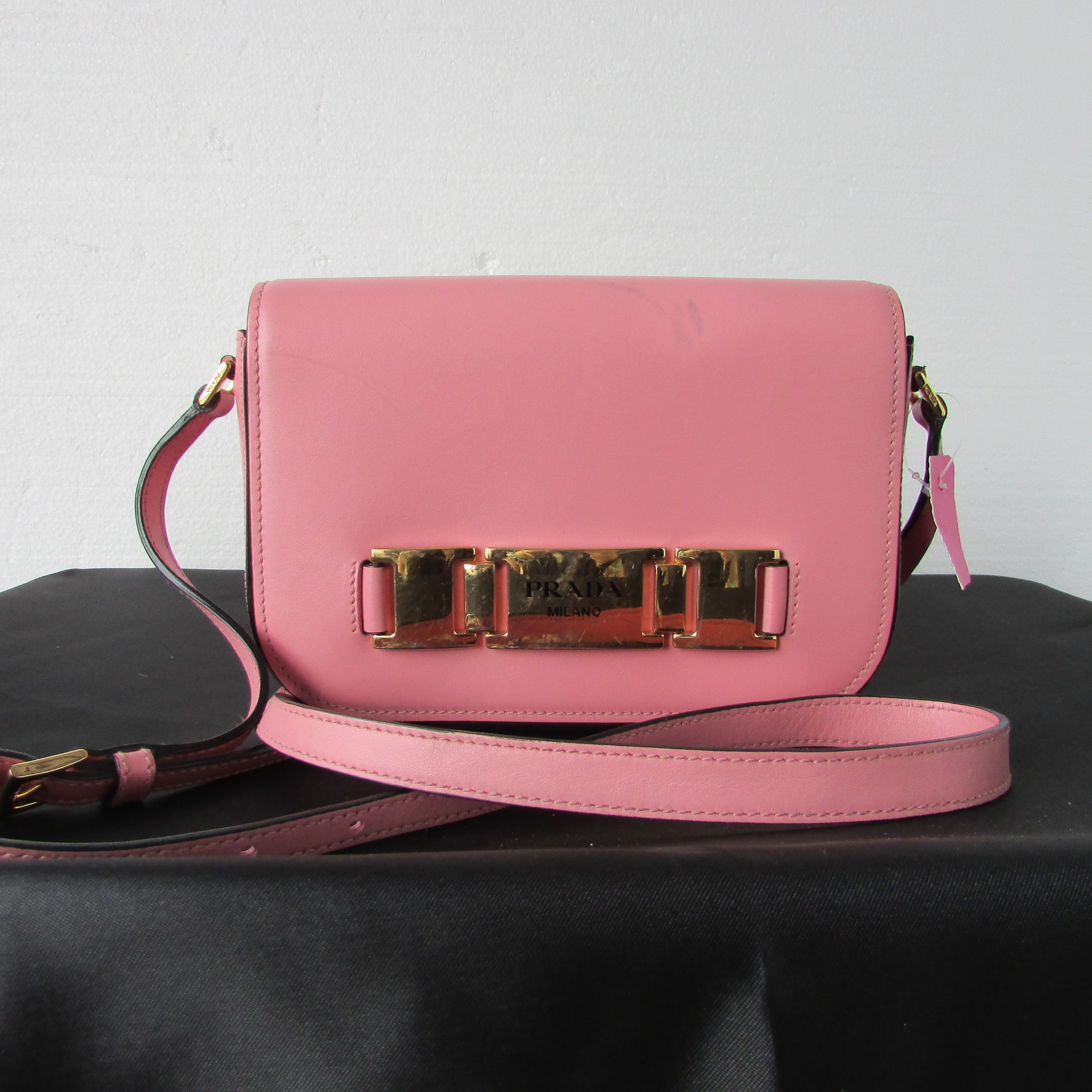 Prada Women Genuine Pink Leather, City Calf Pink Crossbody Bag Purse, w Gold