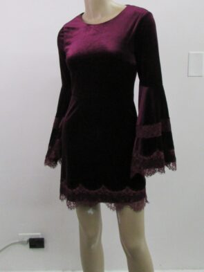 Aqua Burgundy Velvet Long Bell Sleeve Dress Size XS