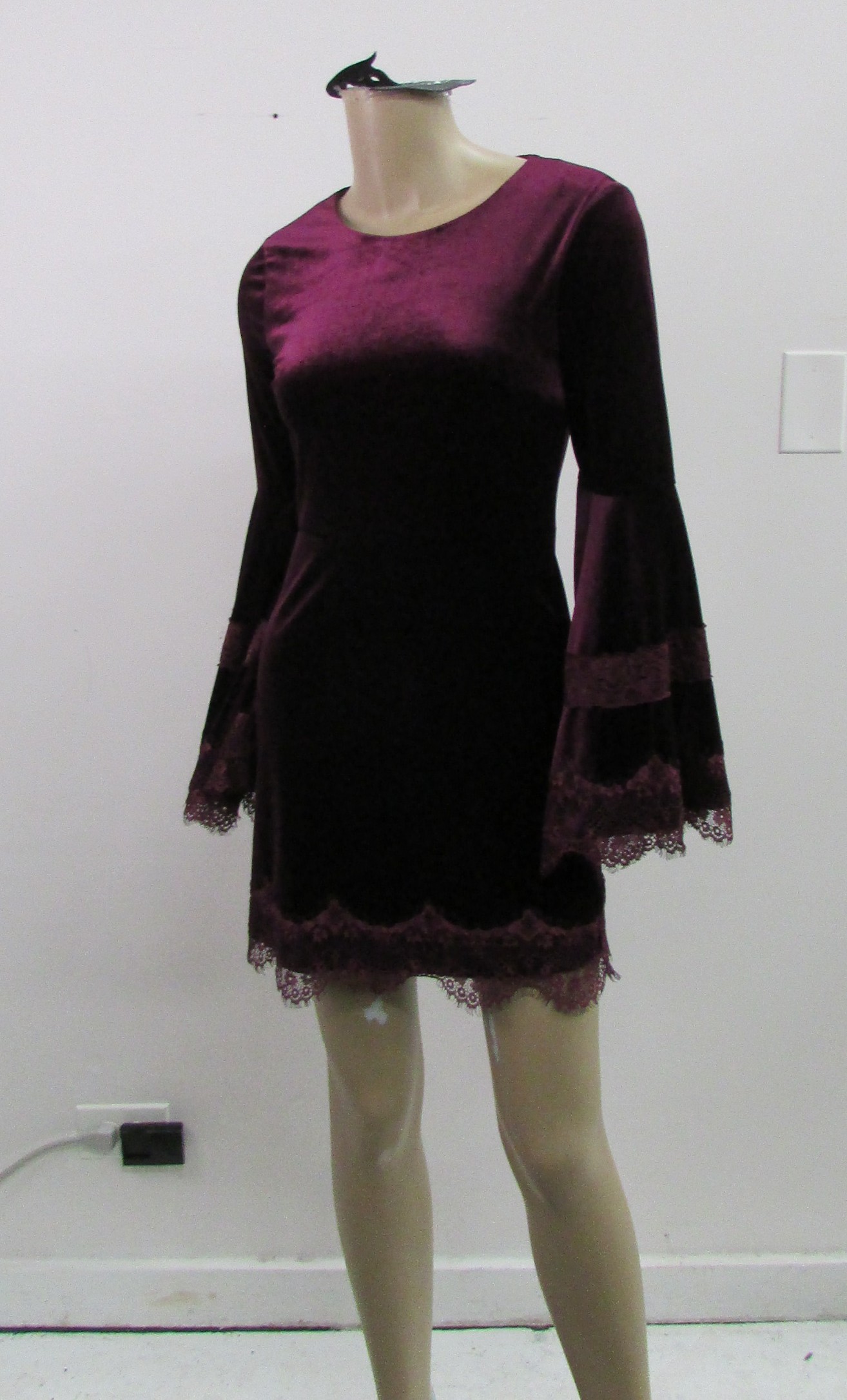 Aqua Burgundy Velvet Long Bell Sleeve Dress Size XS