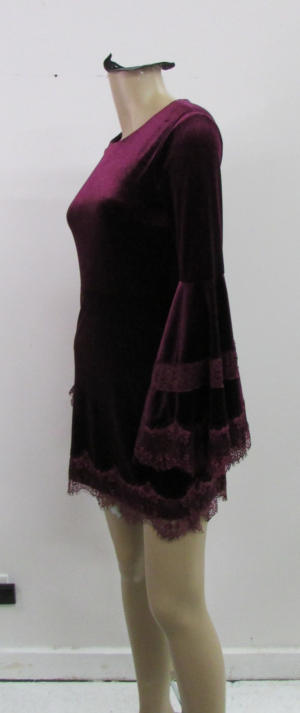 Aqua Burgundy Velvet Long Bell Sleeve Dress Size XS - Image 2