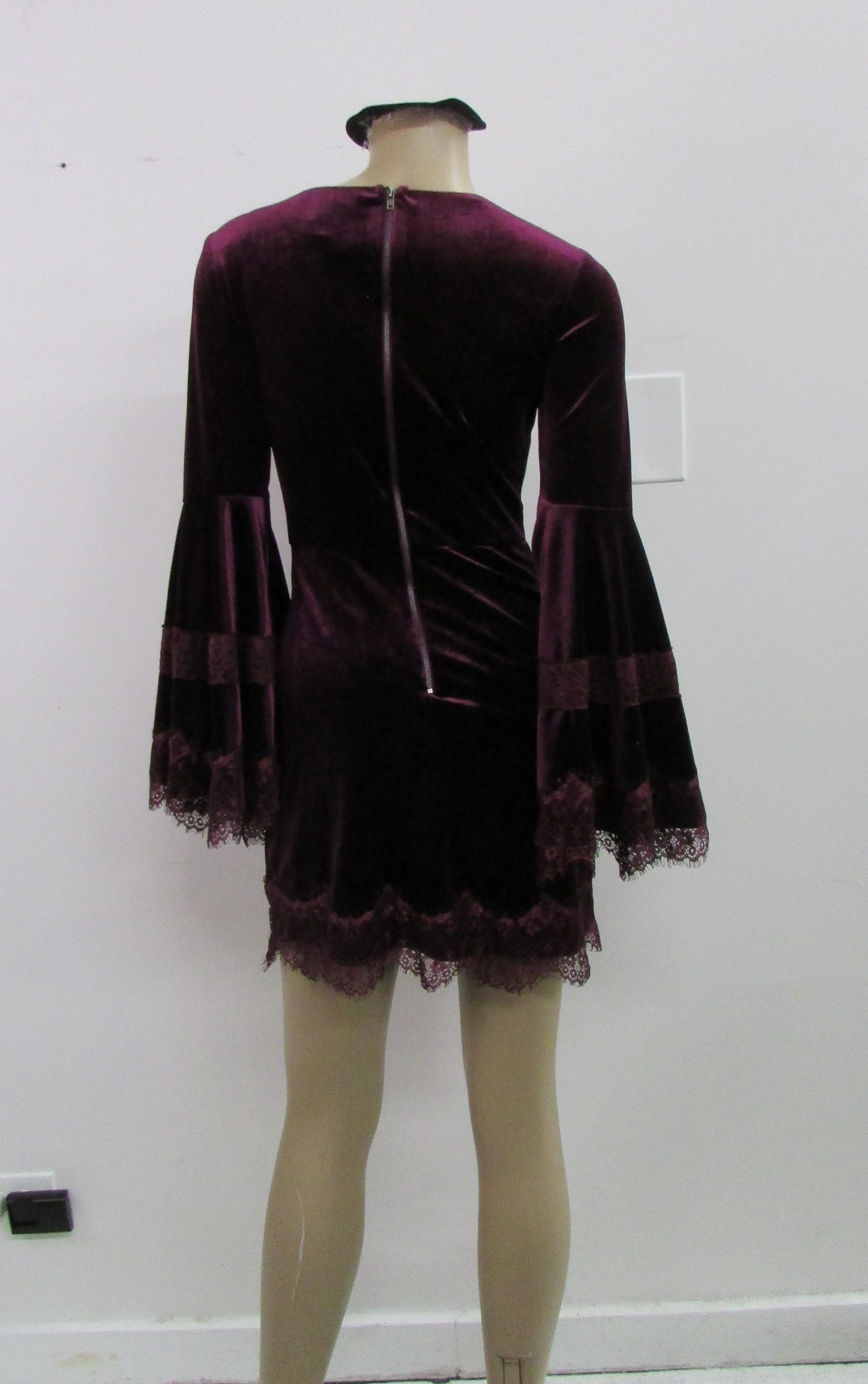 Aqua Burgundy Velvet Long Bell Sleeve Dress Size XS - Image 3